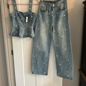 Steve Madden Light Blue Denim Pearl & Daisy Embellished Corset Top and Jeans Set